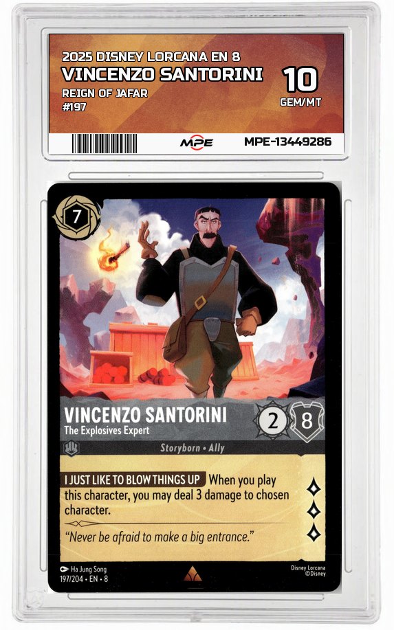 2025 DISNEY LORCANA EN 8 Reign of Jafar #197 VINCENZO SANTORINI MPE 10 GEM/MT — graded card auctioned from the MPE vault
