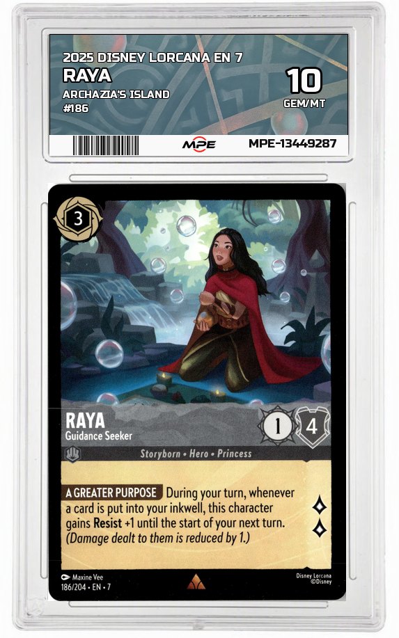 2025 DISNEY LORCANA EN 7 Archazia's Island #186 RAYA MPE 10 GEM/MT — graded card auctioned from the MPE vault