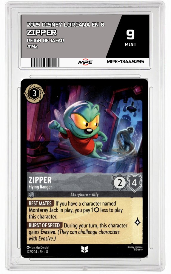 2025 DISNEY LORCANA EN 8 Reign of Jafar #192 ZIPPER MPE 9 MINT — graded card auctioned from the MPE vault