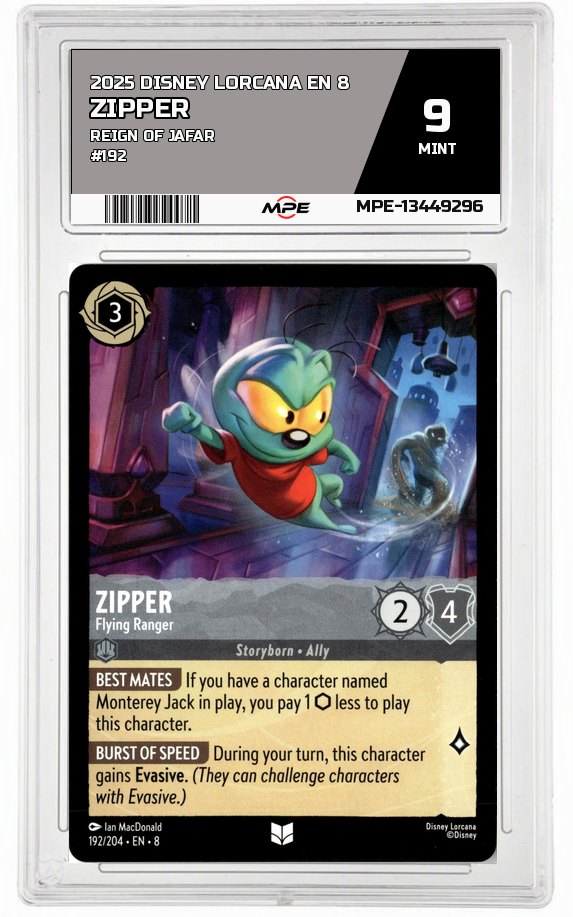 2025 DISNEY LORCANA EN 8 Reign of Jafar #192 ZIPPER MPE 9 MINT — graded card auctioned from the MPE vault