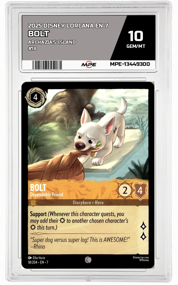 2025 DISNEY LORCANA EN 7 Archazia's Island #18 BOLT MPE 10 GEM/MT — graded card auctioned from the MPE vault