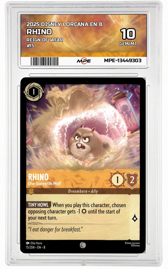 2025 DISNEY LORCANA EN 8 Reign of Jafar #15 RHINO MPE 10 GEM/MT — graded card auctioned from the MPE vault