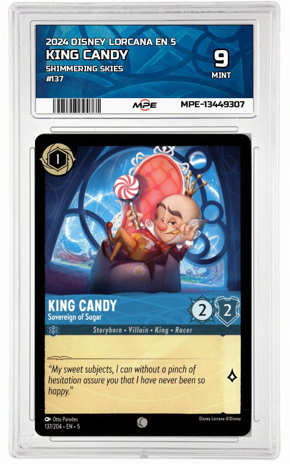 2024 DISNEY LORCANA EN 5 Shimmering Skies #137 KING CANDY MPE 9 MINT — graded card auctioned from the MPE vault