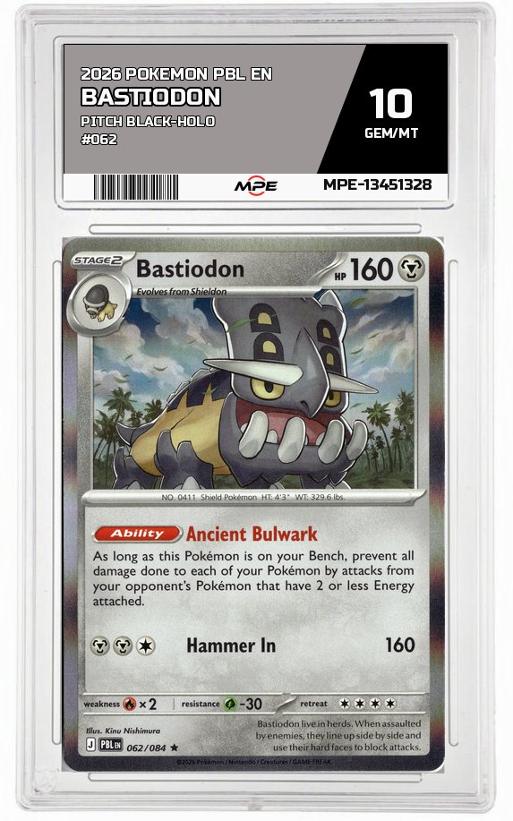 2026 POKEMON PBL EN Pitch Black-HOLO #062 BASTIODON MPE 10 GEM/MT — graded card auctioned from the MPE vault