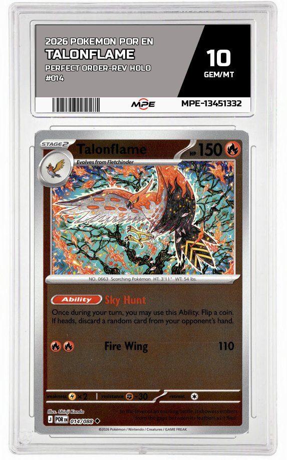 2026 POKEMON POR EN Perfect Order-REV HOLO #014 TALONFLAME MPE 10 GEM/MT — graded card auctioned from the MPE vault