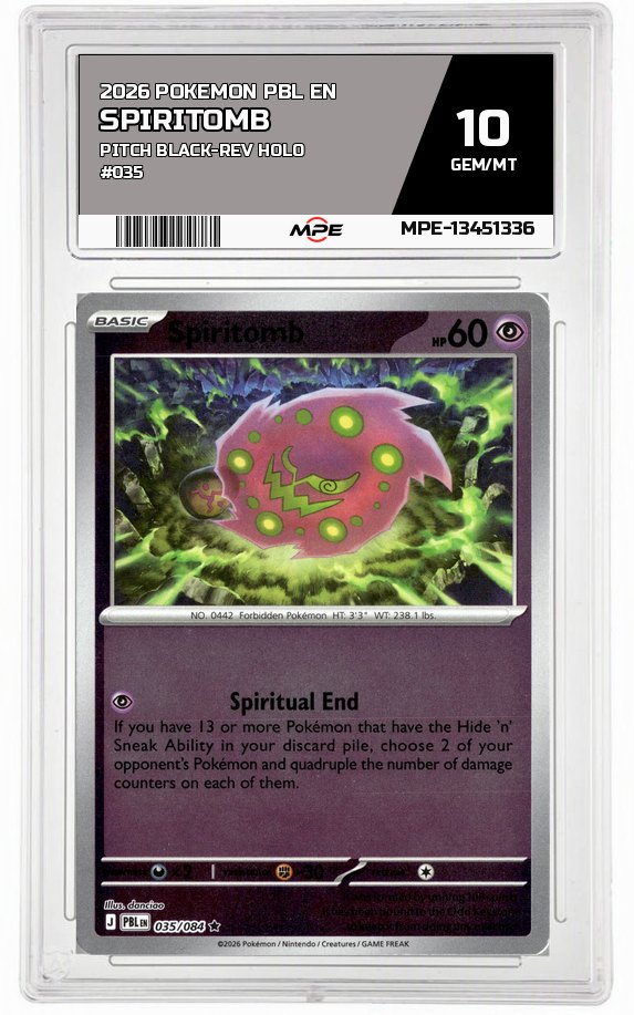 2026 POKEMON PBL EN Pitch Black-REV HOLO #035 SPIRITOMB MPE 10 GEM/MT — graded card auctioned from the MPE vault