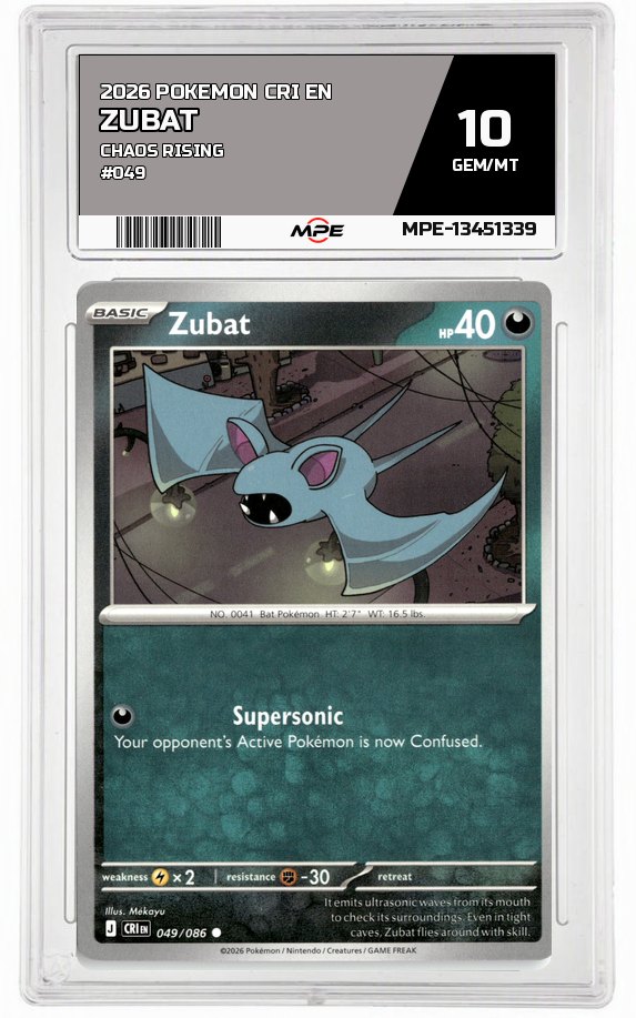 2026 POKEMON CRI EN Chaos Rising #049 Zubat MPE 10 GEM/MT — graded card auctioned from the MPE vault