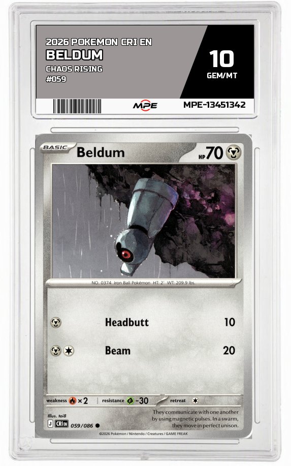 2026 POKEMON CRI EN Chaos Rising #059 BELDUM MPE 10 GEM/MT — graded card auctioned from the MPE vault