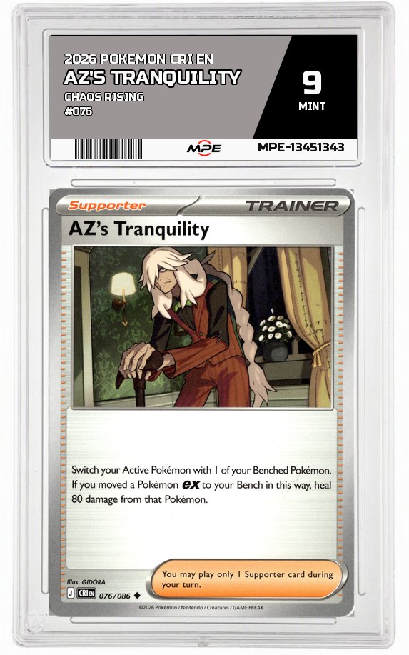 2026 POKEMON CRI EN Chaos Rising #076 AZ's Tranquility MPE 9 MINT — graded card auctioned from the MPE vault