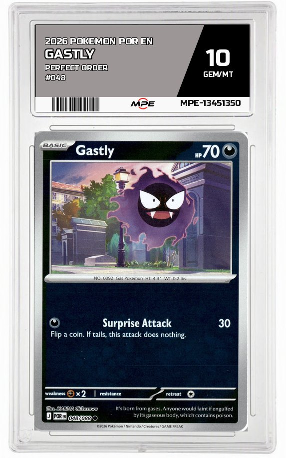 2026 POKEMON POR EN Perfect Order #048 GASTLY MPE 10 GEM/MT — graded card auctioned from the MPE vault
