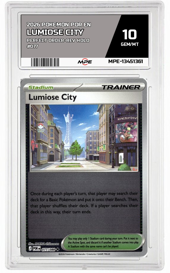2026 POKEMON POR EN Perfect Order-REV HOLO #077 LUMIOSE CITY MPE 10 GEM/MT — graded card auctioned from the MPE vault