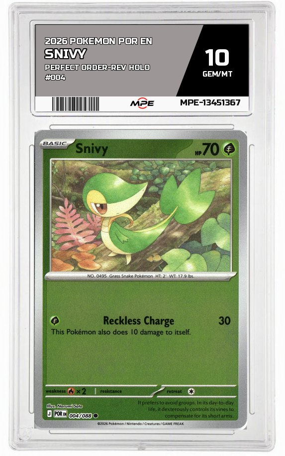 2026 POKEMON POR EN Perfect Order-REV HOLO #004 Snivy MPE 10 GEM/MT — graded card auctioned from the MPE vault