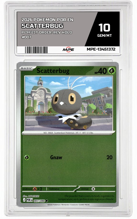 2026 POKEMON POR EN Perfect Order-REV HOLO #007 SCATTERBUG MPE 10 GEM/MT — graded card auctioned from the MPE vault