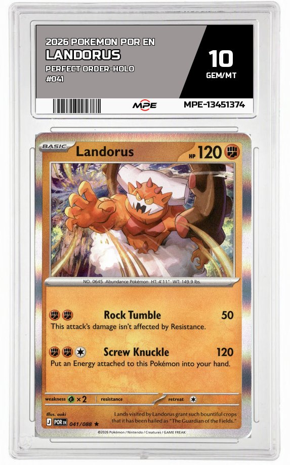 2026 POKEMON POR EN Perfect Order-HOLO #041 LANDORUS MPE 10 GEM/MT — graded card auctioned from the MPE vault