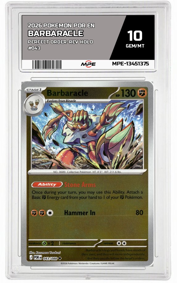 2026 POKEMON POR EN Perfect Order-REV HOLO #043 BARBARACLE MPE 10 GEM/MT — graded card auctioned from the MPE vault