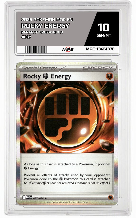 2026 POKEMON POR EN Perfect Order-HOLO #087 Rocky Energy MPE 10 GEM/MT — graded card auctioned from the MPE vault