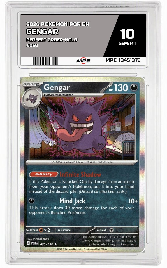 2026 POKEMON POR EN Perfect Order-HOLO #050 Gengar MPE 10 GEM/MT — graded card auctioned from the MPE vault