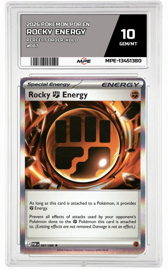 2026 POKEMON POR EN Perfect Order-HOLO #087 Rocky Energy MPE 10 GEM/MT — graded card auctioned from the MPE vault