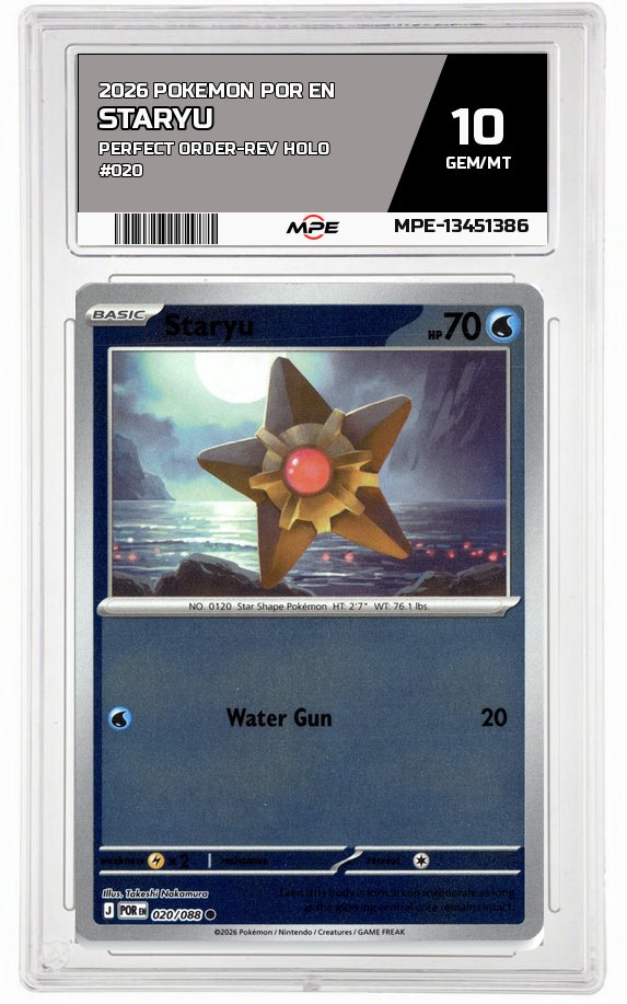 2026 POKEMON POR EN Perfect Order-REV HOLO #020 Staryu MPE 10 GEM/MT — graded card auctioned from the MPE vault