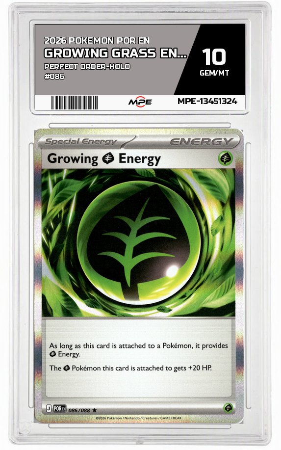 2026 POKEMON POR EN Perfect Order-HOLO #086 GROWING GRASS ENERGY MPE 10 GEM/MT — graded card auctioned from the MPE vault