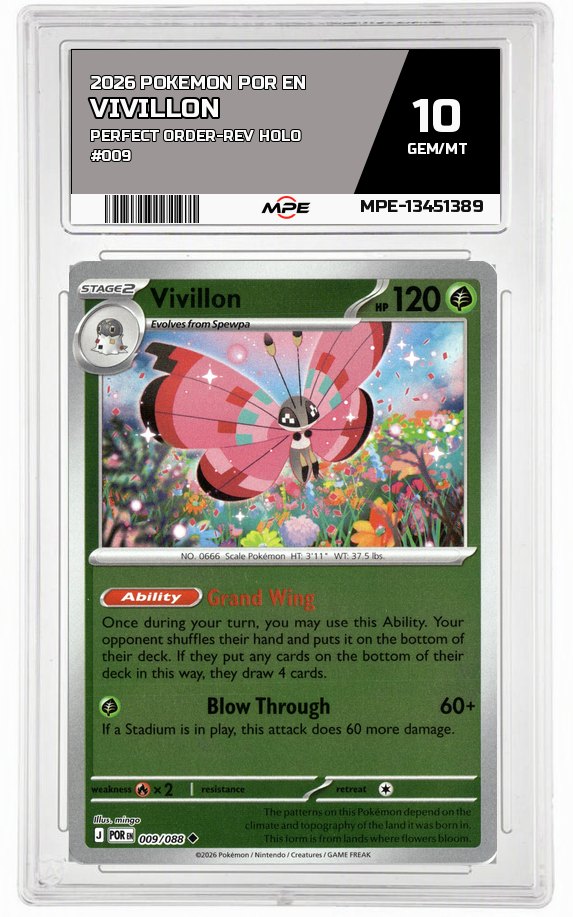 2026 POKEMON POR EN Perfect Order-REV HOLO #009 Vivillon MPE 10 GEM/MT — graded card auctioned from the MPE vault