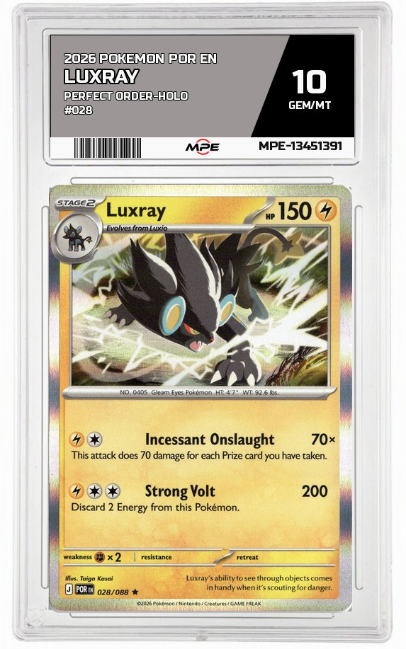 2026 POKEMON POR EN Perfect Order-HOLO #028 Luxray MPE 10 GEM/MT — graded card auctioned from the MPE vault