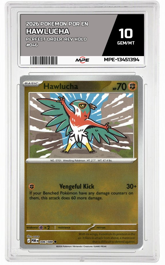 2026 POKEMON POR EN Perfect Order-REV HOLO #046 Hawlucha MPE 10 GEM/MT — graded card auctioned from the MPE vault