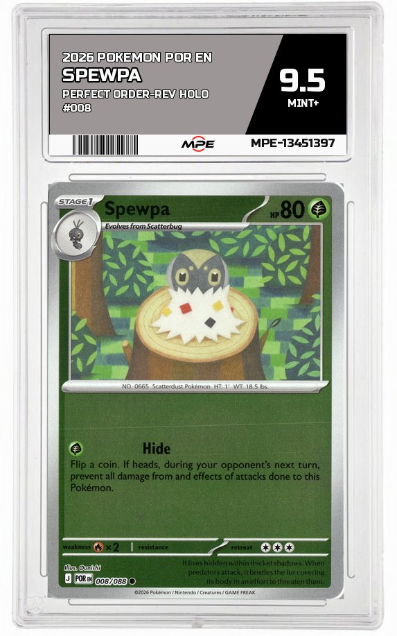 2026 POKEMON POR EN Perfect Order-REV HOLO #008 Spewpa MPE 9.5 MINT+ — graded card auctioned from the MPE vault