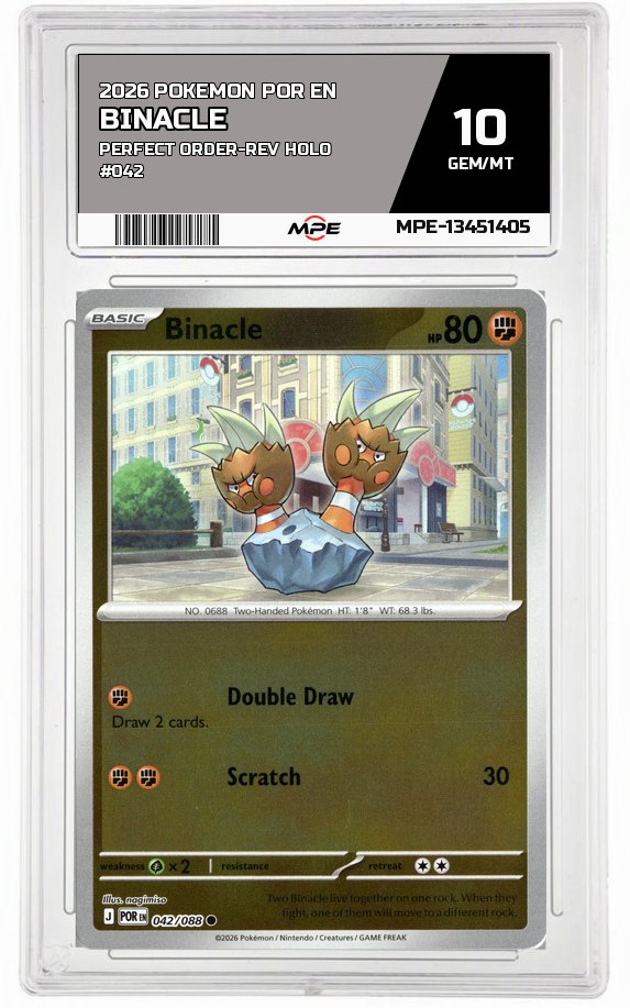 2026 POKEMON POR EN Perfect Order-REV HOLO #042 BINACLE MPE 10 GEM/MT — graded card auctioned from the MPE vault