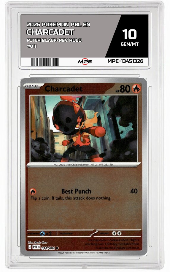 2026 POKEMON PBL EN Pitch Black-REV HOLO #011 Charcadet MPE 10 GEM/MT — graded card auctioned from the MPE vault
