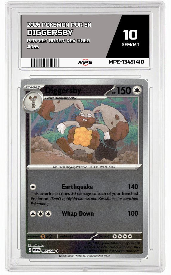 2026 POKEMON POR EN Perfect Order-REV HOLO #065 DIGGERSBY MPE 10 GEM/MT — graded card auctioned from the MPE vault