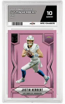 2025 DONRUSS ELITE PINK #90 JUSTIN HERBERT MPE 10 GEM/MT — graded card up for auction