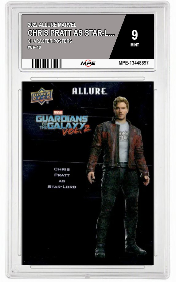 2022 ALLURE MARVEL CHARACTER POSTERS #CP-10 CHRIS PRATT AS STAR-LORD MPE 9 MINT — graded card auctioned from the MPE vault