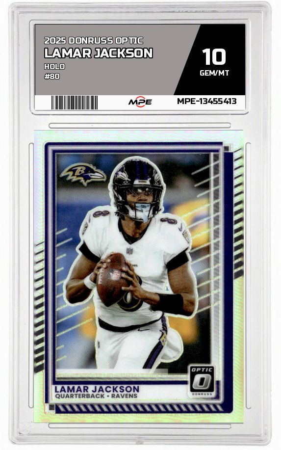 2025 DONRUSS OPTIC HOLO #80 LAMAR JACKSON MPE 10 GEM/MT — graded card auctioned from the MPE vault