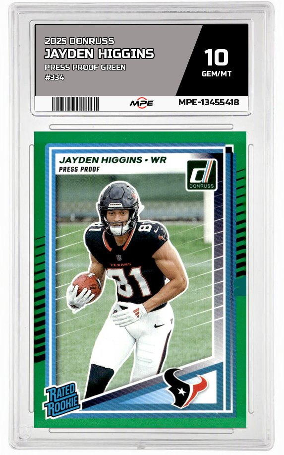 2025 DONRUSS PRESS PROOF GREEN #334 JAYDEN HIGGINS MPE 10 GEM/MT — graded card auctioned from the MPE vault