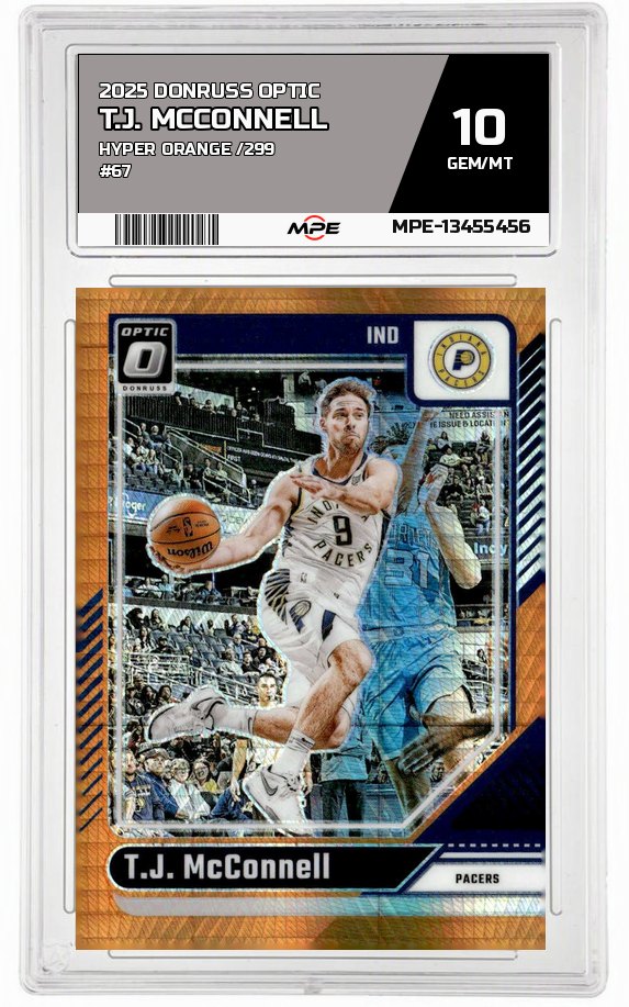 2025 DONRUSS OPTIC Hyper Orange /299 #67 T.J. MCCONNELL MPE 10 GEM/MT — graded card auctioned from the MPE vault