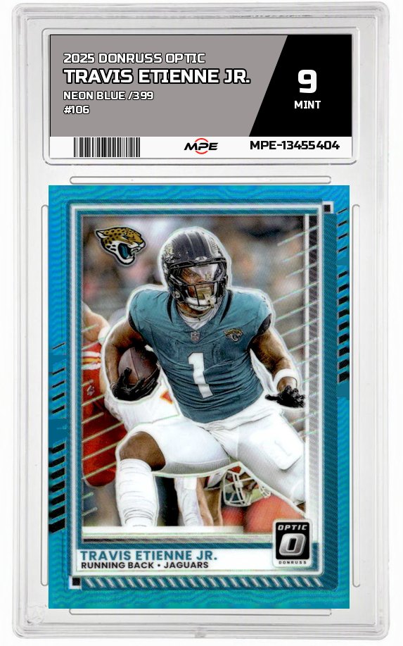 2025 DONRUSS OPTIC NEON BLUE /399 #106 TRAVIS ETIENNE JR. MPE 9 MINT — graded card auctioned from the MPE vault