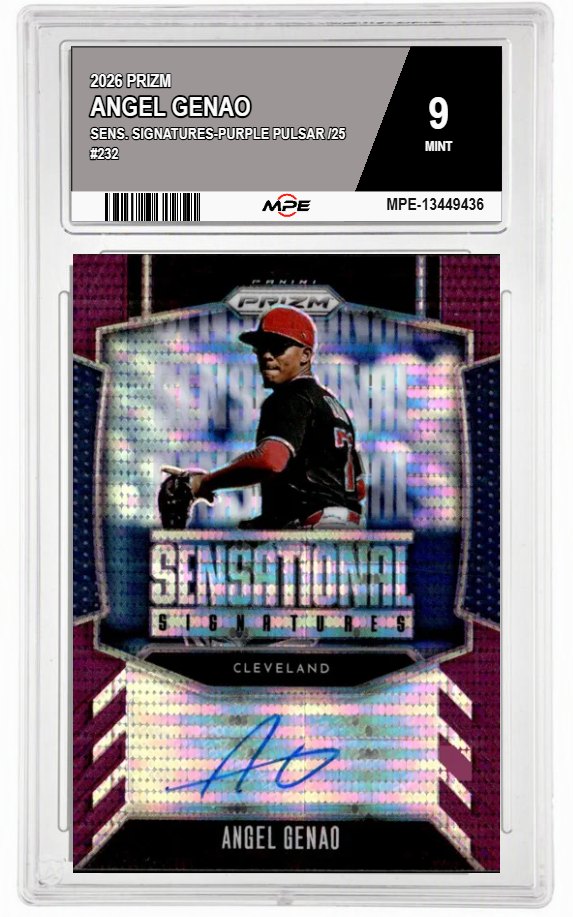 2026 PRIZM SENS. SIGNATURES-PURPLE PULSAR /25 #232 ANGEL GENAO MPE 9 MINT — graded card auctioned from the MPE vault