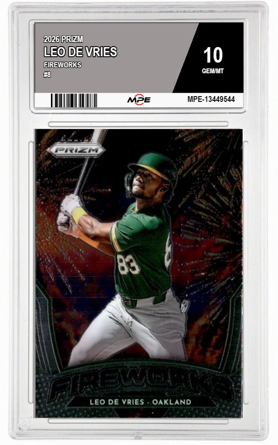 2026 PRIZM FIREWORKS #8 LEO DE VRIES MPE 10 GEM/MT — graded card auctioned from the MPE vault