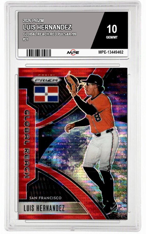 2026 PRIZM GLOBAL REACH-RED PULSAR /99 #21 LUIS HERNANDEZ MPE 10 GEM/MT — graded card auctioned from the MPE vault