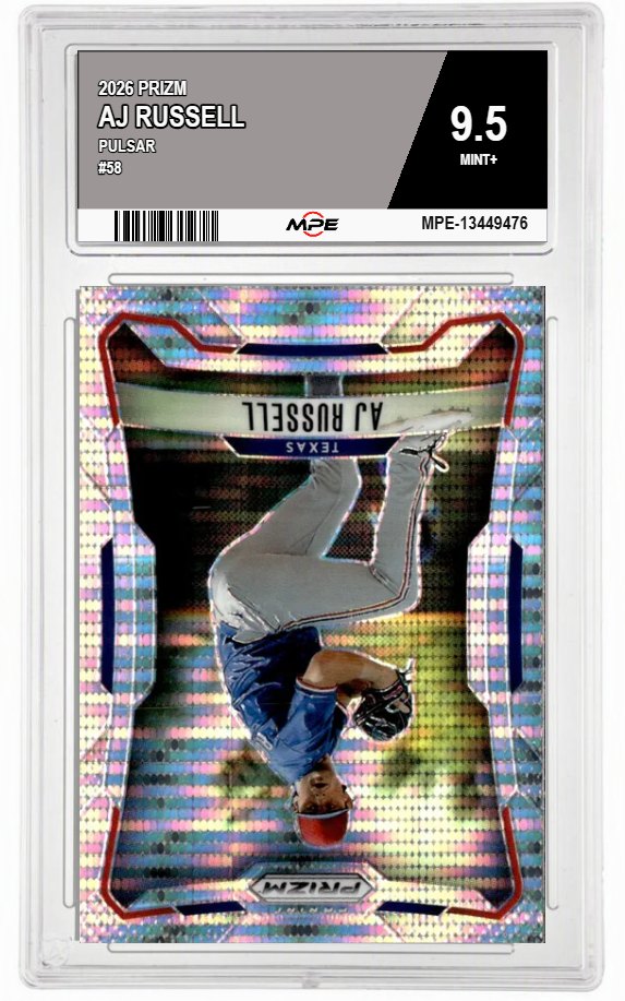 2026 PRIZM PULSAR #58 AJ RUSSELL MPE 9.5 MINT+ — graded card auctioned from the MPE vault