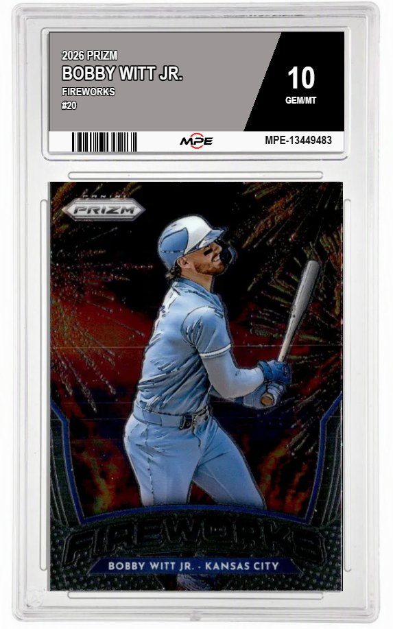 2026 PRIZM FIREWORKS #20 BOBBY WITT JR. MPE 10 GEM/MT — graded card auctioned from the MPE vault