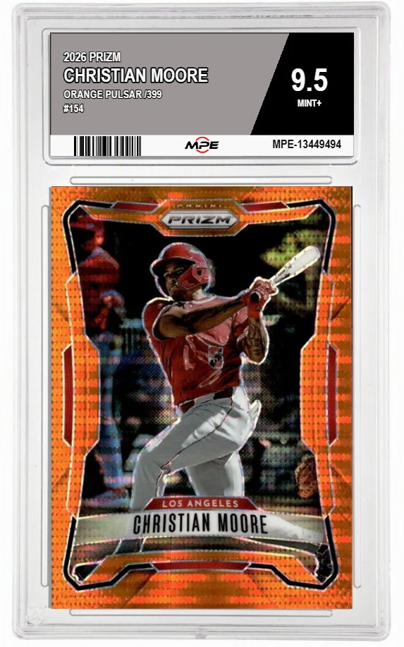 2026 PRIZM ORANGE PULSAR /399 #154 CHRISTIAN MOORE MPE 9.5 MINT+ — graded card auctioned from the MPE vault