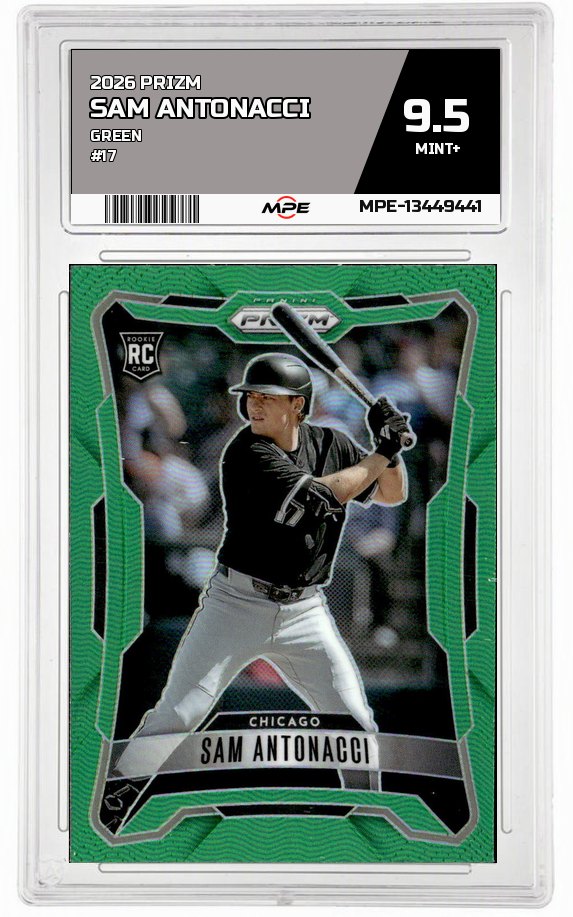 2026 PRIZM GREEN #17 SAM ANTONACCI MPE 9.5 MINT+ — graded card auctioned from the MPE vault