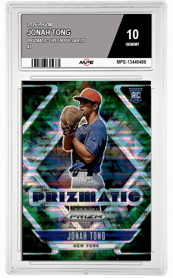 2026 PRIZM PRIZMATIC-GREEN PULSAR /25 #1 JONAH TONG MPE 10 GEM/MT — graded card auctioned from the MPE vault
