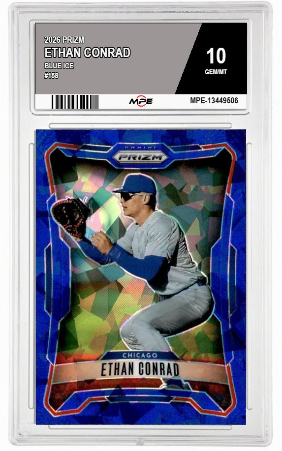 2026 PRIZM BLUE ICE #158 ETHAN CONRAD MPE 10 GEM/MT — graded card auctioned from the MPE vault