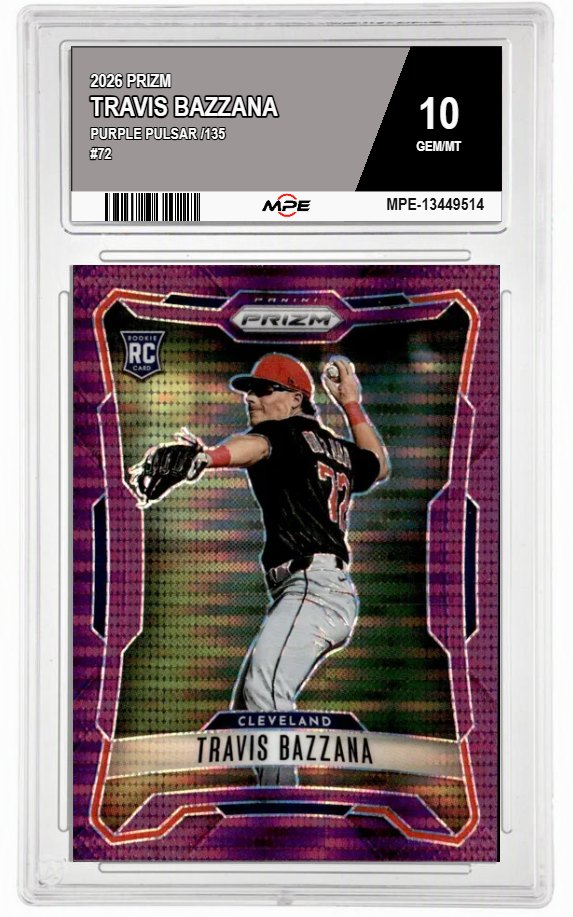 2026 PRIZM PURPLE PULSAR /135 #72 TRAVIS BAZZANA MPE 10 GEM/MT — graded card auctioned from the MPE vault