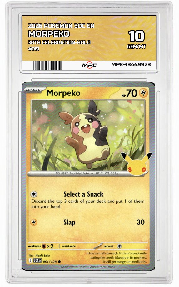 2026 POKEMON 30C EN 30th Celebration-HOLO #061 MORPEKO MPE 10 GEM/MT — graded card auctioned from the MPE vault