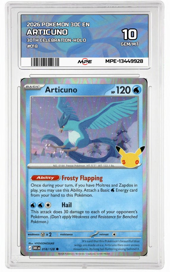 2026 POKEMON 30C EN 30th Celebration-HOLO #018 ARTICUNO MPE 10 GEM/MT — graded card auctioned from the MPE vault