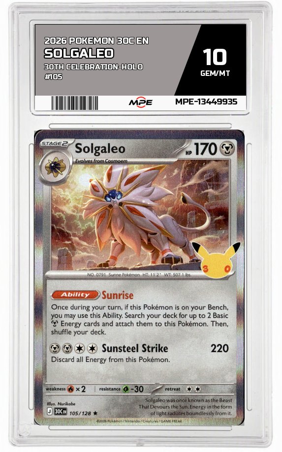2026 POKEMON 30C EN 30th Celebration-HOLO #105 SOLGALEO MPE 10 GEM/MT — graded card auctioned from the MPE vault